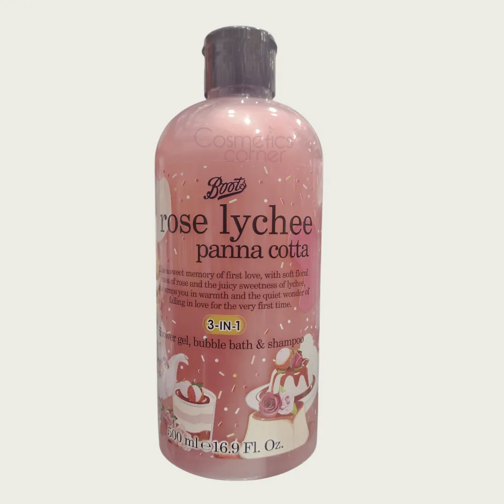 Boots Rose Lychee Panna Cotta Shower Gel, Bubble Bath & Shampoo 500ml Boots Rose Lychee Panna Cotta Shower Gel, Bubble Bath & Shampoo 500ml
